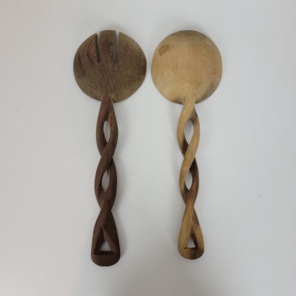 Hand Carved Wooden Salad Servers Set African Tribal Twisted Olive Wood Design - Picture 7 of 11